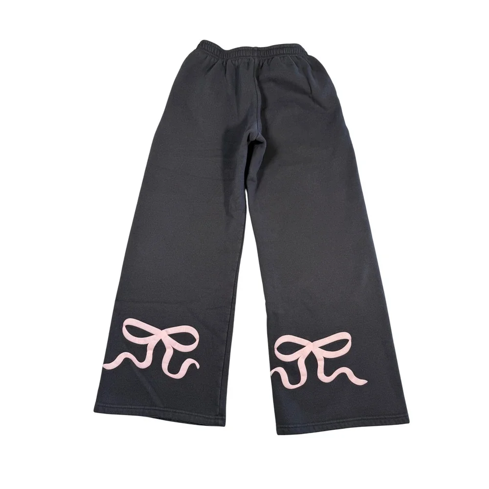 Edikted Women Charcoal Gray Pink Bow Wide Leg Sweatpants XS Coquette Balletcore